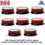 200 x Maxell DVD-RW 4.7GB 2x Speed 120min Re-Writable DVD Discs in Spindle Packs
