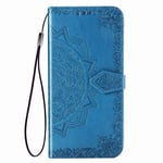 Fertuo Case for Moto G8 Power, Premium Leather Flip Wallet Case with [Card Slots] [Kickstand] [Hand Strap] Mandala Flower Embossed Shockproof Cover Case for Motorola Moto G8 Power, Blue