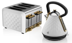 Swan Gatsby 1.7L Pyramid Kettle and 4-Slice Toaster Set in White, Gold Accents, Diamond Pattern Design, Easy to Use, STP2084WHTN