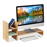 Relaxdays Support pour Moniteur en Bambou, Pose écran Hauteur, HLP: 30x67x20 cm, Ergonomique, 4 Compartiments, Naturel