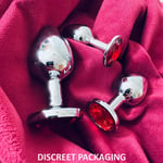 Metal Butt Plug Set of 3 Red Jewel Weighted Tapered Anal Toys Small Medium Large
