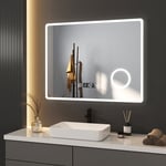Miroir de salle de bain lumineux avec Anti-buée 90x70cm Miroir Mural led avec horloge, 3x Loupe et Commutateur Tactile - Meykoers