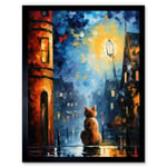 A Street Cat Named Desire Palette Knife Oil Painting Ginger Cat Village Night Art Print Framed Poster Wall Decor 12x16 inch