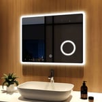 Miroir de salle de bain avec éclairage 80x60cm lumineux Miroir Mural avec 3x Loupe, Commutateur Tactile - Meykoers