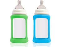 2-pack glasnappflaskor wideneck blå/grön 240ml - Cherub baby