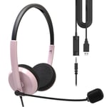 Geekria USB Headset with Mic and Mute Option, 3.5MM Wired Headphone for PC, Laptop, Tablet, Computer Headset with Noise Cancelling Microphone, All Day Comfort for Meeting, Call Center (Rose Gold)