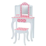 Teamson Kids Princess Gisele Polka Dot Print 2-Piece Kids Wooden Play Vanity Set with Vanity Table, Tri-Fold Mirror, Storage Drawer, and Matching Stool, White with White/Pink Polka Dot Accent