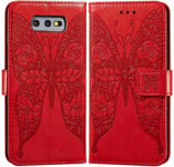 Etui En Pu Cuir Portefeuille Coque Pour Samsung Galaxy S10e Smartphone Magnétique Flip Housse Et Fentes Cartes Stent Fonction Papillon Gaufrage-Rouge