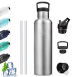 Gourde, Bouteille Isotherme, Thermos 1l Anti Fuite, Gourde Paille Adulte, Acier Inoxydable 18/8, Gourde Inox, 24h Froid & 12h Chaud, Gourde sans Bpa, Bouteille d'eau pour Camping, Running, Vélo, Yoga