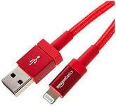 Amazon Basics USB-A to Lightning Charger Cable, Nylon Braided Cord, MFi Certified for Apple iPhone 14 13 12 11 X Xs Pro, Pro Max, Plus, iPad, 1.8 m, Red