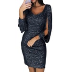 Kvinnors Sekvensdress Glitter Glimrande Sexy Djup V-ringad Kort Klänning Över Knä Längd Lång Fransärm Klänning Black 2XL