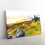 Big Box Art Old Man of Storr in The Isle of Skye Painting Canvas Wall Art Print Ready to Hang Picture, 76 x 50 cm (30 x 20 Inch), White, Yellow, Grey