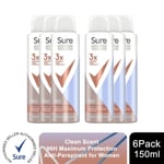 Sure Anti-Perspirant 96H Maximum Protection Deodorant Clean Scent 150ml, 6 Pack
