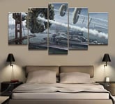 TOPRUN Military WW1 WW2 Navy Air Force Army Battleship Paintings on canvas wall art 5 panel Modern Decoration Print Decor For Living room Bedroom Home Framed XXL 150X80cm