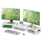 BONTEC Support Moniteur Double, Rehausseur Écran PC de Bureau, Organisateur de Bureau en Bois, Longueur et Angle Réglables pour Moniteur Portable et Moniteur PC, Blanc