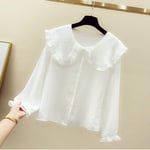 Women'S Shirt Fashion Peter Pan Collar Slim Shirt Long Sleeve Casual Style Cotton Blouse Female Tops-White_M