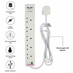 5 Gang Surge Protected Extension Lead with 2 USB Ports And Neon Indicator - 2m