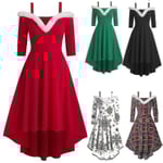 Långärmad jul för damer i plysch hög och låg djup V Off-shoulder Big Swing Dress S Red