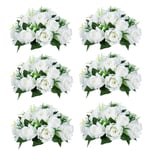 NUPTIO Pcs of 6 Fake Flower Ball Arrangement Bouquet,15 Heads Plastic Roses with Base, Suitable for Our Store's Wedding Centerpiece Flower Rack for Parties Valentine's Day Home Décor (Pure White)
