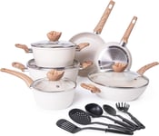 Non Stick Pots and Pans Set – Induction Hob – 15pcs, Cream Granite 