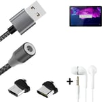 Magnetic charging cable + earphones for Lenovo Tab P11 + USB type C a. Micro-USB