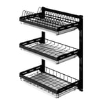 LWAJ Wall-Mounted Dish Drainers, Stainless Steel Dish Drainer 3 Tier Over Sink Drainer Dish Drying Rack for Kitchen Extra Draining Black (21.6x16x10 inch)