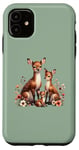 Coque pour iPhone 11 Vert Adorable Famille de Cerfs Fond Floral Inspiré de la Nature