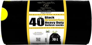 Haya Home 70L litre 40 Drawstring Bin Bags Heavy Duty Bin Liners, Black Plastic