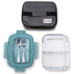 Glass Lunch Box 2 Compartment With Insulated Lunch Bag And Stainless Steel Cutlery |Airtight Tupperware |Storage |BPA Free |Oven Microwave Freezer Dishwasher Safe |Sturdy Lid |Thick Glass
