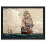 Painting Seascape Naval Diemer Ship At Sea Men O War Passing Artwork Framed Wall Art Print A4