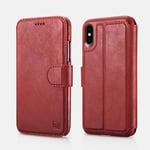 iPhone XS Max - ICARER 2-i-1 ægte læder cover / pung - aftageligt - Rød