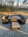 High Back Rattan Garden Furniture Sets Gas Fire Pit Dining Table  Right Corner Sofa Big Footstools Chair 8 Seater