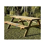 Table de pique-nique extérieure en bois 177x152x71 cm, deux bancs pliants. Épaisseur, largeur de la table 4 x 11,2 cm.