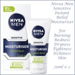 Nivea Men Sensitive Face Instant Relief Moisturiser Cream 2 x 75ml 0% Alcohol
