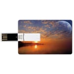 32G USB Flash Drives Credit Card Shape Space Decor Memory Stick Bank Card Style Exquisite Skyline with Planet Reflection and Sunrise on Backdrop Galaxy Design,Orange Blue Waterproof Pen Thumb Lovely J