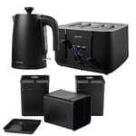 Salter COMBO-8685 Kuro Kettle and Toaster Set – With Storage Canisters, Tea/Coffee/Sugar Tins, 1.7L Rapid Boil Kettle, Limescale Filter, 4-Slice Toaster, Self-Centring Bread Guides, 3kW/1850W, Black
