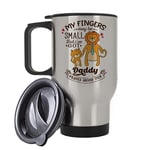 Personalised My Fingers May Be Small but I've Got Daddy, Godfather, Grandpa, Any Name Fathers Day Gift from Son or Daughter to Dad, Silver/White Insulated Travel Tea/Coffee Mug. (Silver)