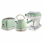 Dome Kettle, Toaster & Espresso Coffee Machine Set, Green Vintage Style, Ariete