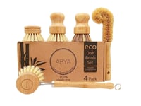 ARYA. | Eco Dish Brush Set | 4 Kitchen Washing Up Brushes & One Replacement Head | Bamboo & Natural Fibers | Eco Friendly Wooden Pot Brush Scourer Scrubber Sponge Alternative