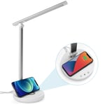 LED Desk Lamp with Wireless Charger, USB Charging Port, Reading Light,Dimmable Eye-Caring Daylight Table Lamps, Touch Control 5 Brightness x 5 Colour Modes, 45 min Timer, for Home Office Working Study