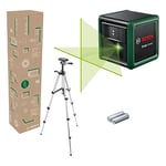 Laser lignes Quigo Green de Bosch avec trépied (laser vert pour une meilleure visibilité, boîtier en plastique recyclé, dans boîte carton e-commerce)