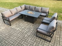 Aluminum Outdoor Garden Furniture Corner Sofa 2 PC Chairs Gas Fire Pit Dining Table Sets Gas Heater Burner Dark Grey 9 Seater