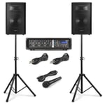 Vonyx VX210 Komplett ljudsystem för sång - 2x 10" högtalare - 4-kanals mixers med inbyggd förstärkare - 2x högtalarstativ, Komplett ljudsystem för sång - 2x 10" högtalare