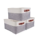 SOCOHOME Set of 3 Storage Baskets, Thickened Canvas Fabric Storage Box for Bedroom, Wardrobe, Shelf (Grey/white, Small)