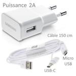 Pour Samsung Galaxy S8 : Chargeur USB Original 2A + Câble Long 150 cm Blanc