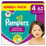 Pampers Premium Protection Nappies, Size 4 (9-14kg) Jumbo+ Pack 62 per pack