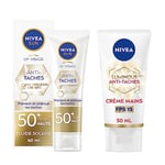 Lot NIVEA SUN Fluide UV visage anti-taches Luminous 630 FPS 50+ (1 x 40 ml), Protection solaire peaux sensibles + NIVEA Luminous 630® Crème pour les mains anti taches pigmentaires (1 x 50 ml),