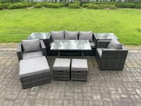 8 Seater Rattan Outdoor Furniture Sofa Garden Dining Set with Dining Table Armchairs 2 Side Tables 3 Stools