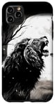 Coque pour iPhone 11 Pro Max Lion noir blanc rugissant nuit lune safari arbres, art animal