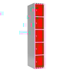 Klädskåp SMG 5-delat 1x300 mm rakt tak och röda dörrar med klinka för hänglås